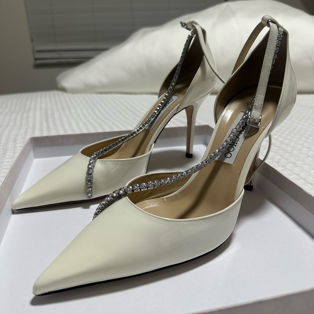 Jimmy Choo 85mm White Heels with Silver Accents